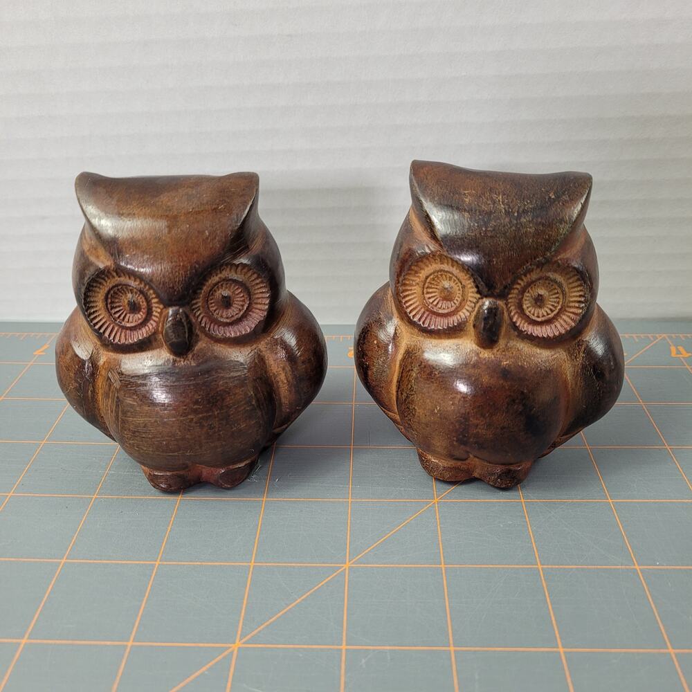 Pair of Bronze Metal Owl Heavy Paperweights Figurines